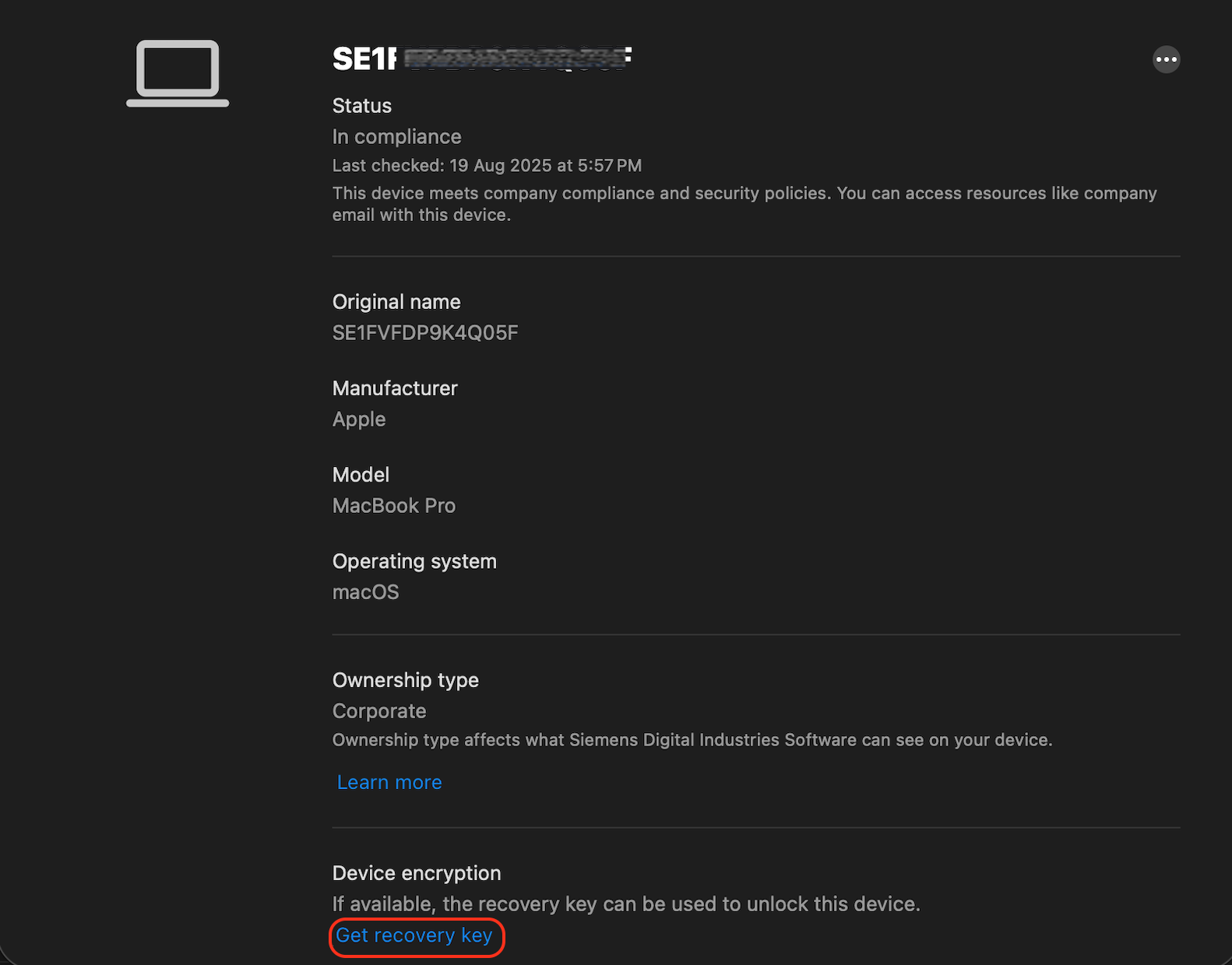 Company Portal device details screen with Get recovery key option