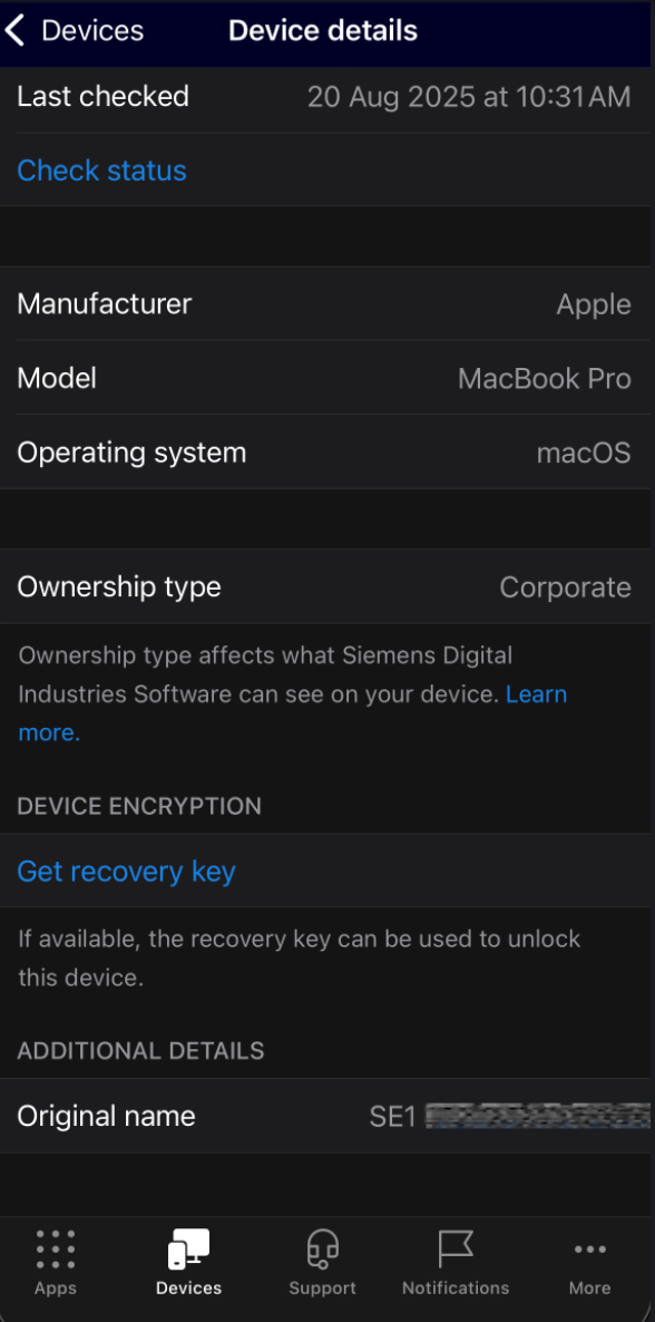 Company Portal mobile device details screen with Get recovery key option
