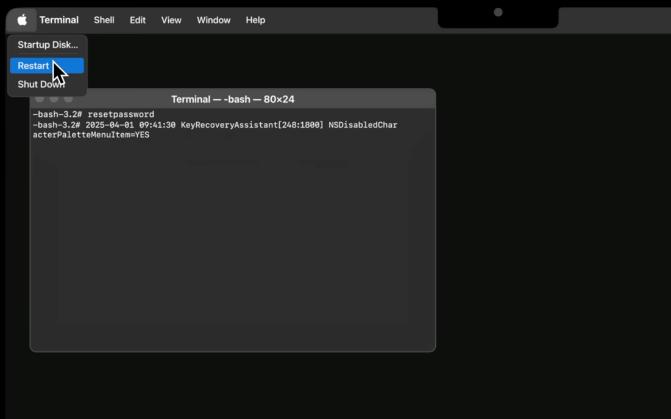 macOS Recovery menu showing Restart
