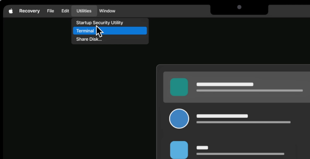 macOS Recovery Utilities menu with Terminal selected