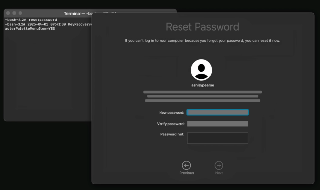 Reset Password assistant opened from Terminal